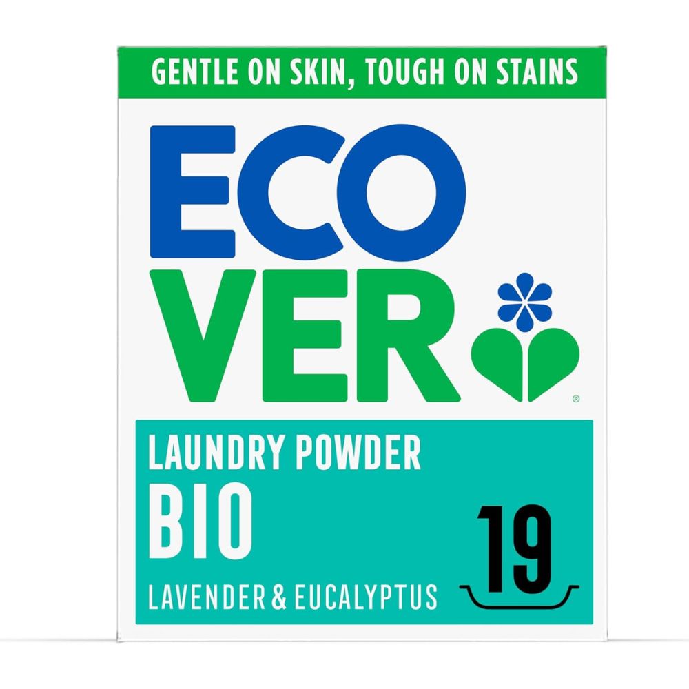 Ecover laundry powder bio label with green and blue design on a white background