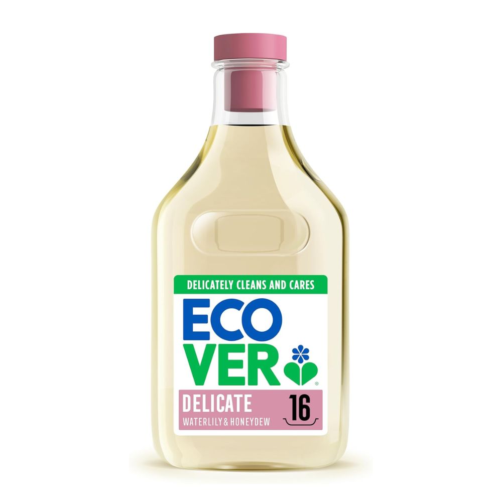 Ecover laundry detergent bottle with a white background