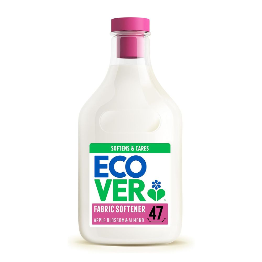 Bottle of Eco Ver fabric softener with a pink cap on a white background