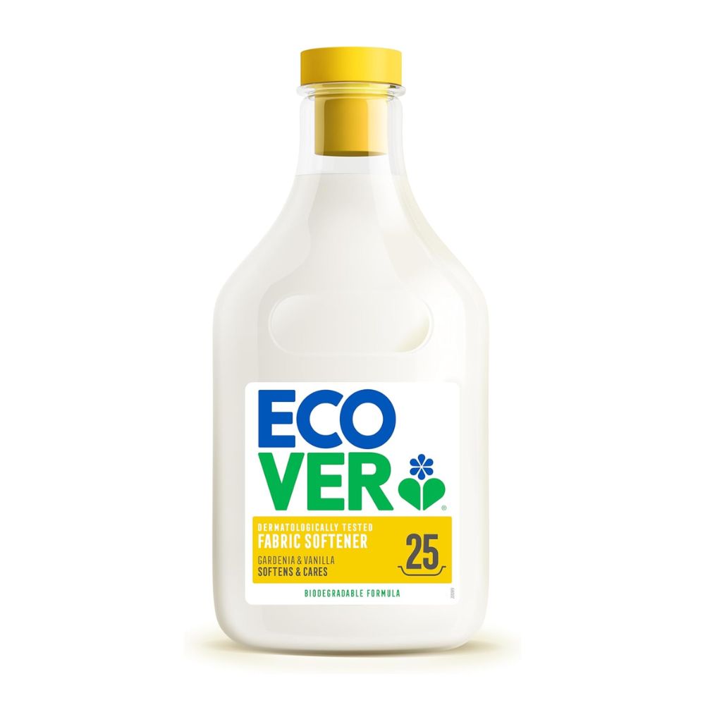 Bottle of Ecover fabric softener with a yellow cap on a white background