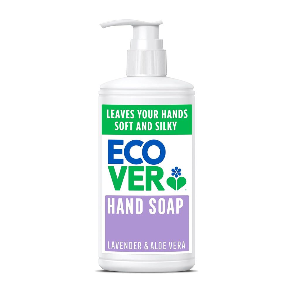 Ecover hand soap bottle with pump on a white background
