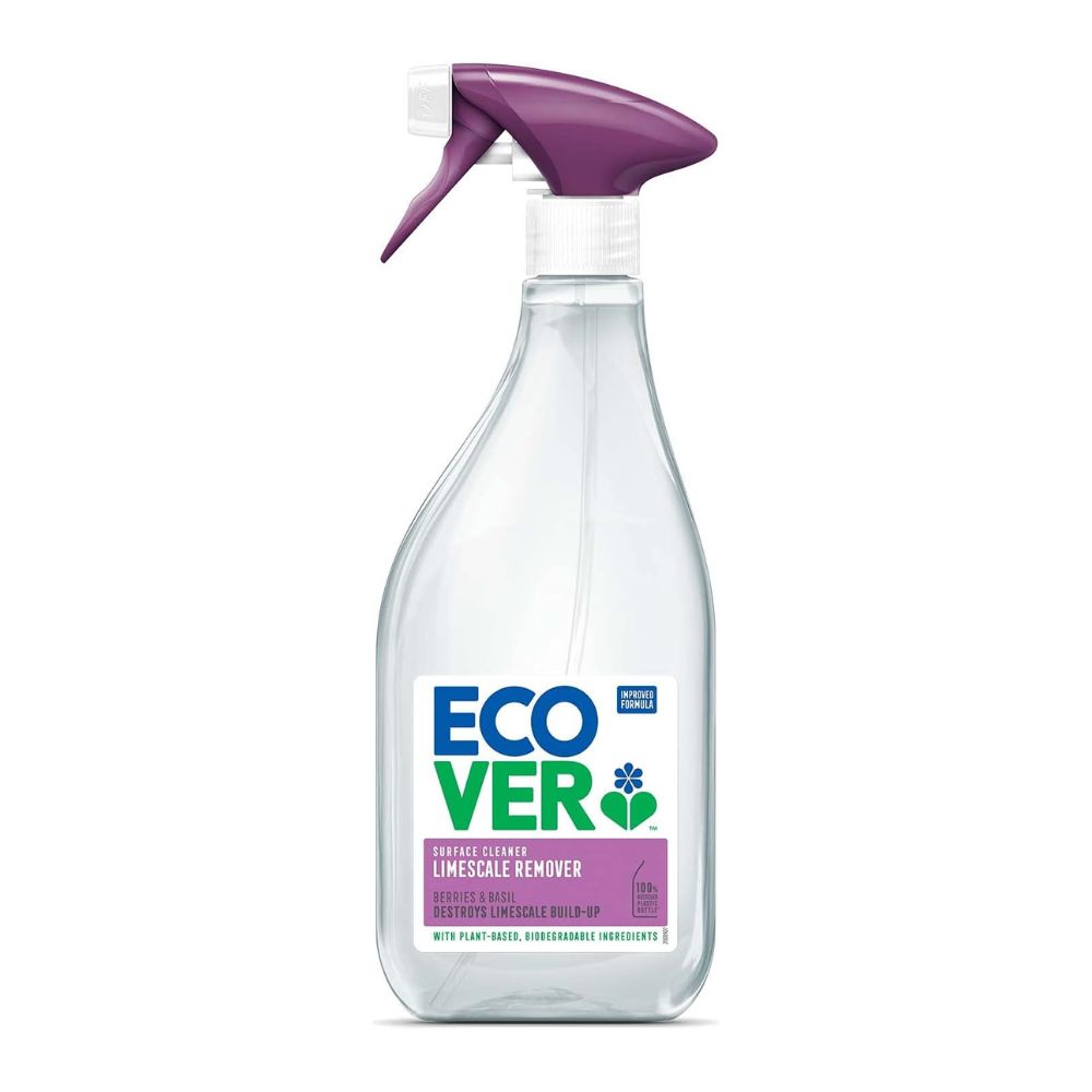 Clear spray bottle with purple nozzle and Eco Ver label on a white background