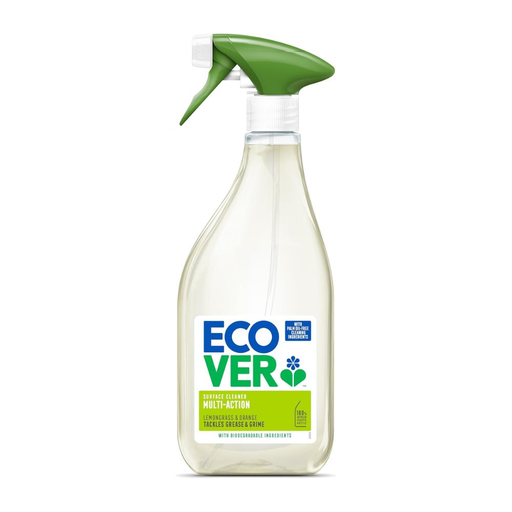 Clear spray bottle with green nozzle and Ecover label on a white background