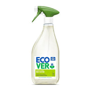 Clear spray bottle with green nozzle and Ecover label on a white background