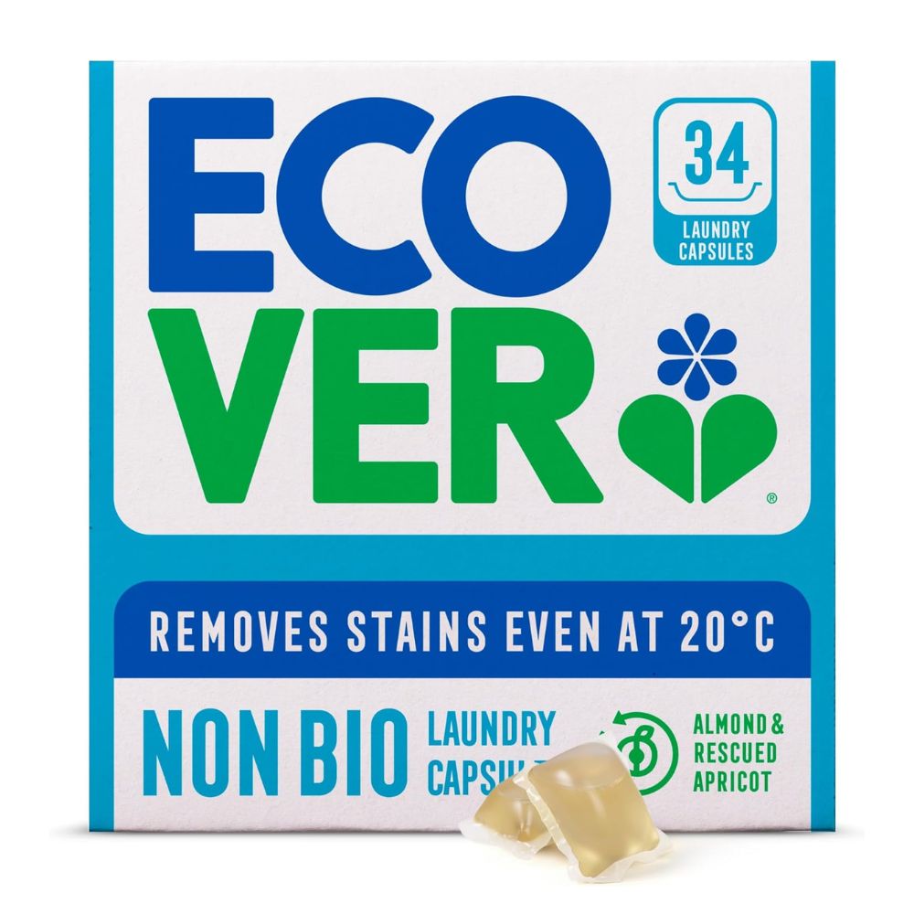 Ecover laundry capsules packaging with blue and green design on a white background