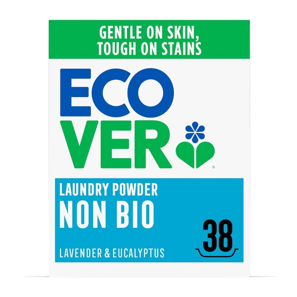 Ecover laundry powder packaging with branding and product details on a white background