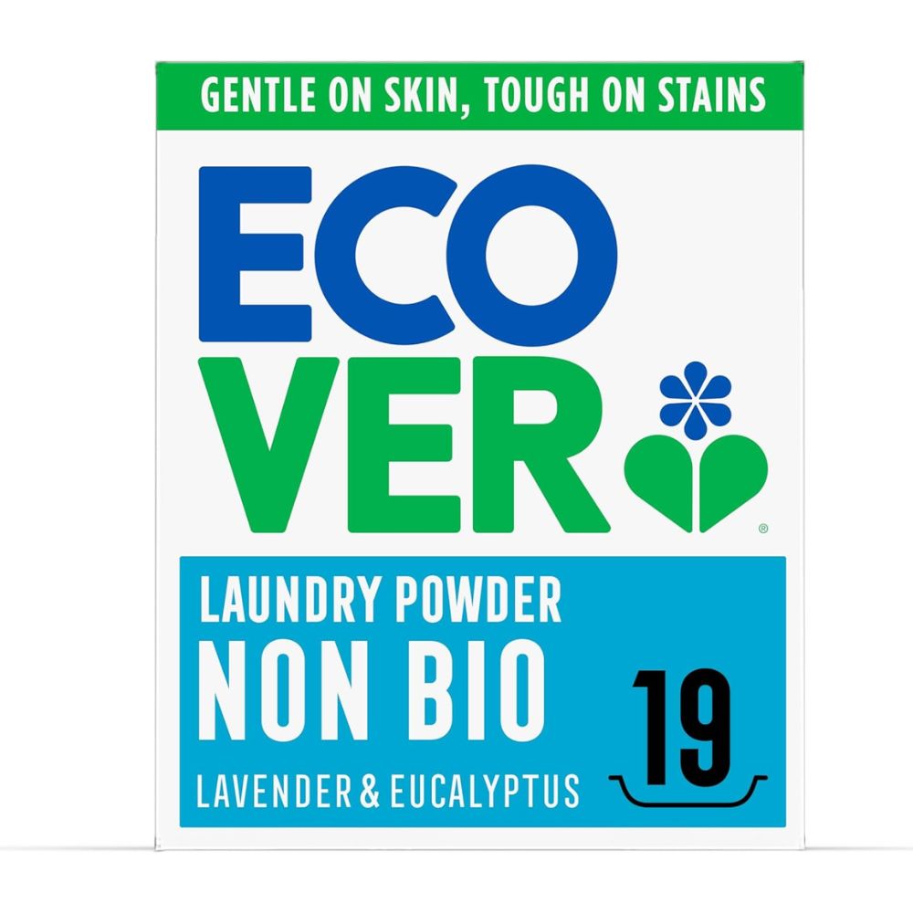 Ecover laundry powder packaging with branding and product details on a white background