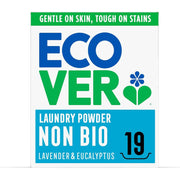 Ecover laundry powder packaging with branding and product details on a white background