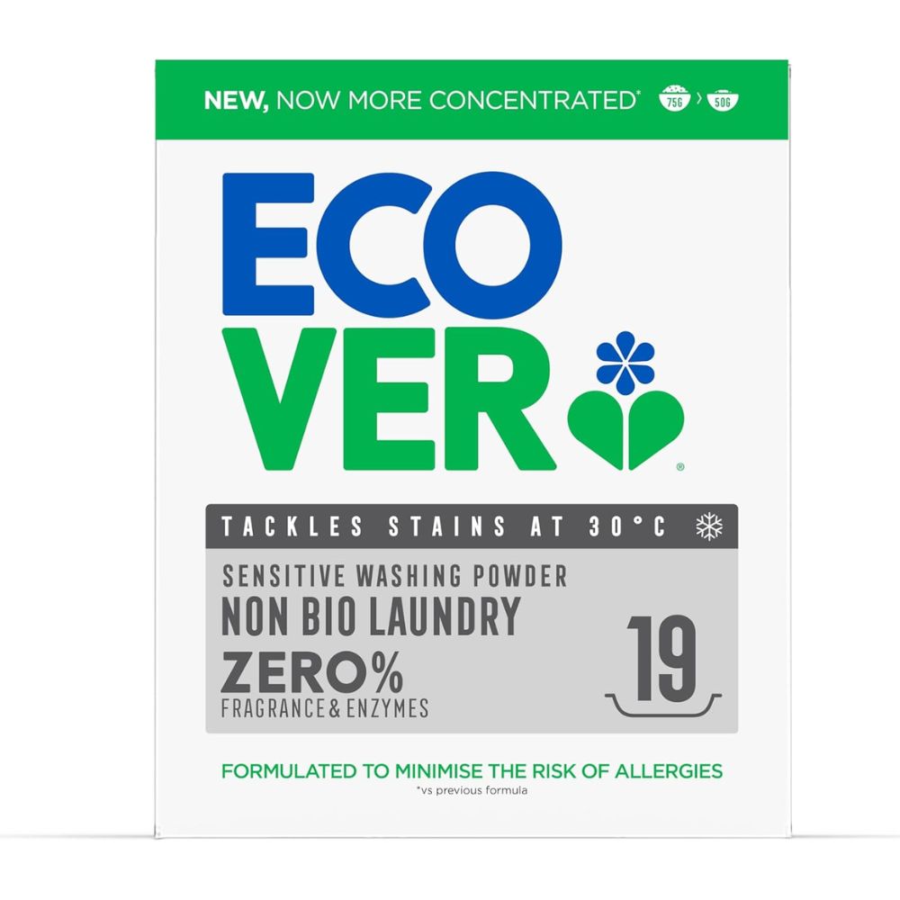 Ecover laundry detergent packaging with green and blue branding on a white background