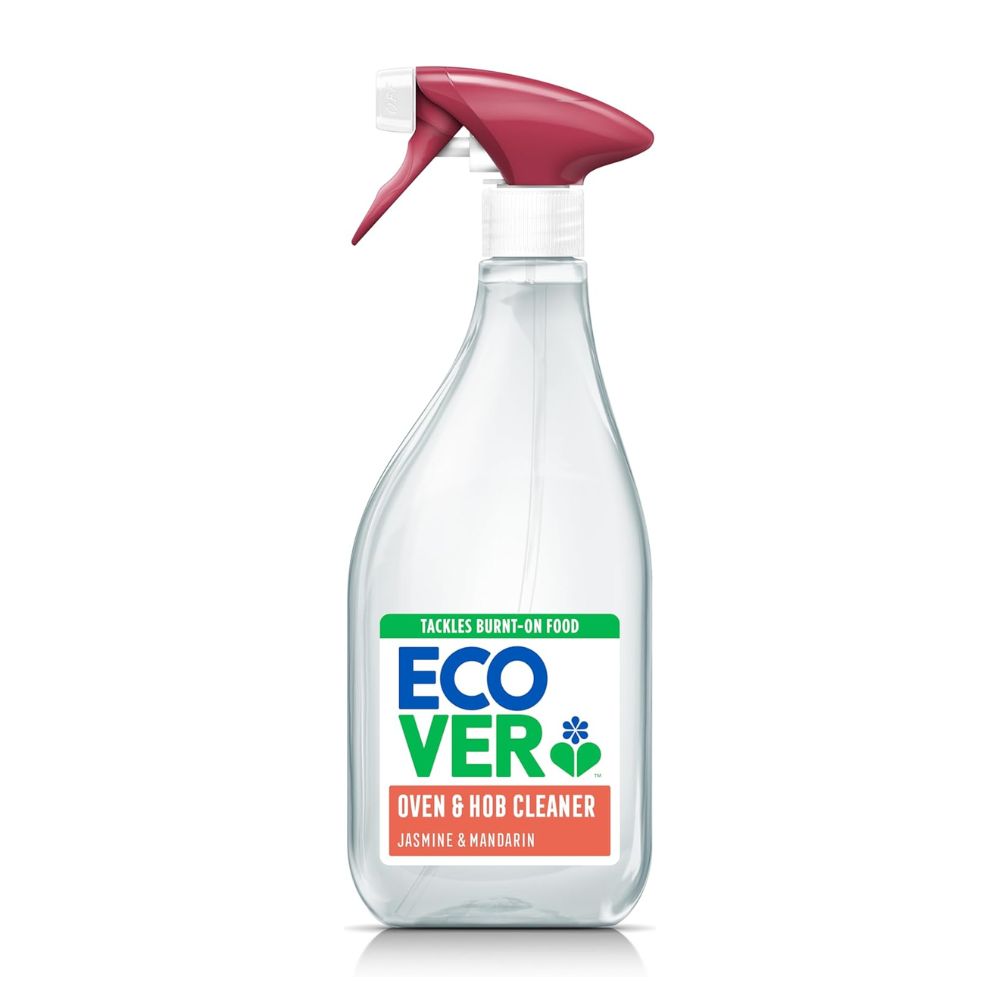 Clear spray bottle with red nozzle labeled 'Ecover Oven & Hob Cleaner' on a white background