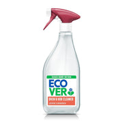 Clear spray bottle with red nozzle labeled 'Ecover Oven & Hob Cleaner' on a white background