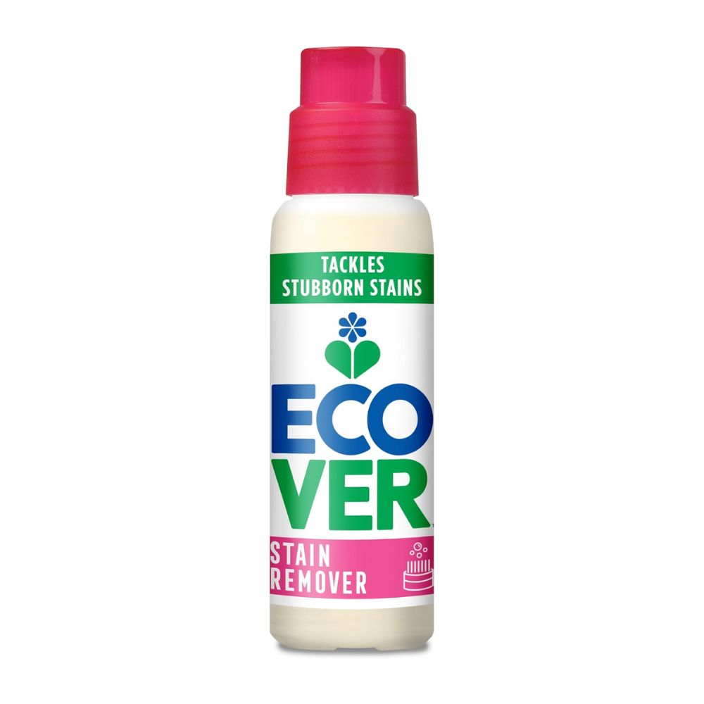 Ecover stain remover bottle with pink cap on a white background