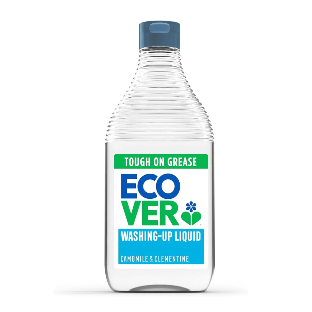 Clear bottle of Eco Ver washing-up liquid with a blue cap on a white background