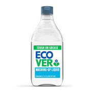Clear bottle of Eco Ver washing-up liquid with a blue cap on a white background