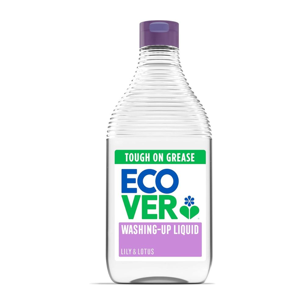 Bottle of Ecover washing-up liquid with a purple cap on a white background