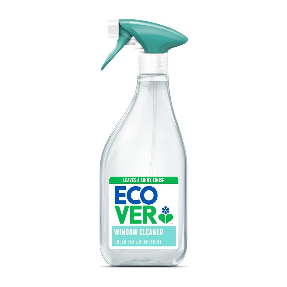 Clear spray bottle with green sprayer head and Ecover label on a white background