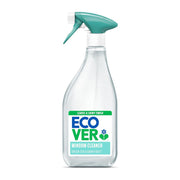 Clear spray bottle with green sprayer head and Ecover label on a white background