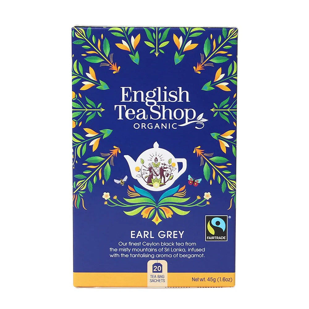 English Tea Shop Organic Earl Grey tea box with decorative design on a white background