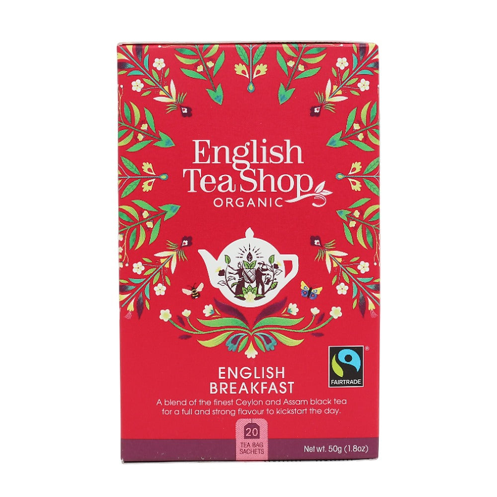 English Tea Shop organic English Breakfast tea packaging on a white background