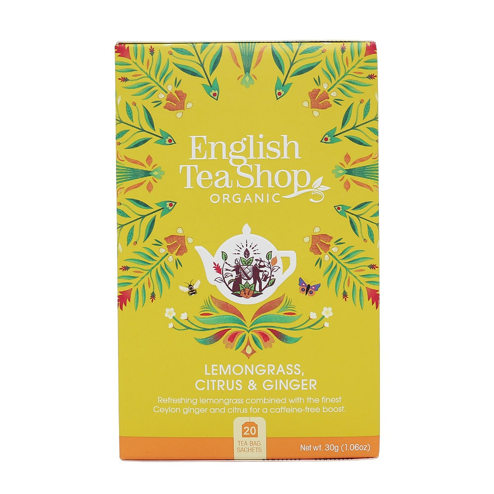 English Tea Shop organic lemon grass, citrus & ginger tea packaging on a white background