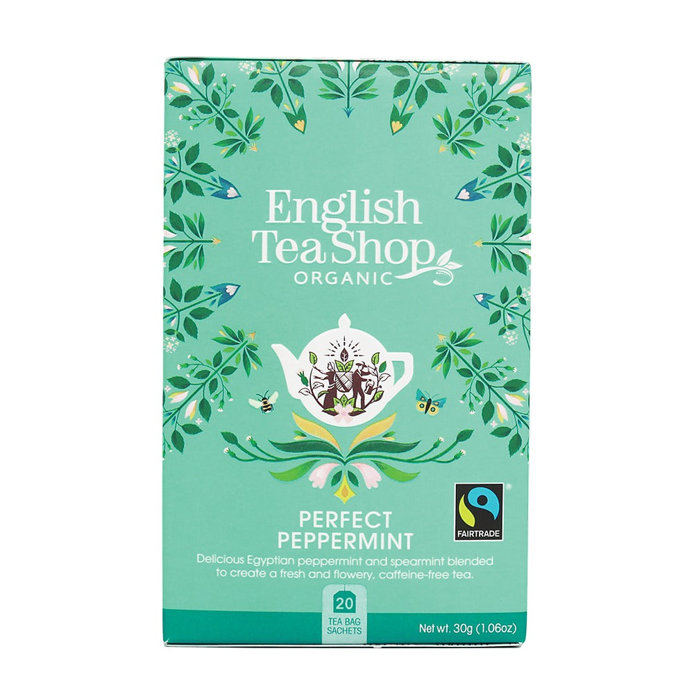 Tea box from English Tea Shop with green design and teapot illustration on a white background