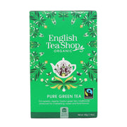 Green packaging of English Tea Shop Organic Pure Green Tea with brand logo and certification logos.