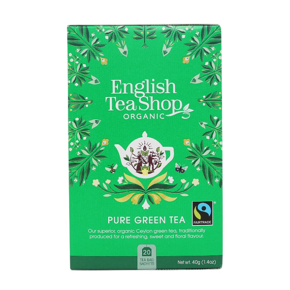 Green packaging of English Tea Shop Organic Pure Green Tea with brand logo and certification logos.
