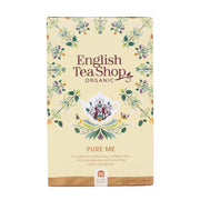 English Tea Shop Organic 'Pure Me' tea box with floral design on a beige background