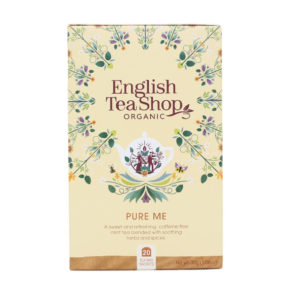 English Tea Shop Organic 'Pure Me' tea box with floral design on a beige background