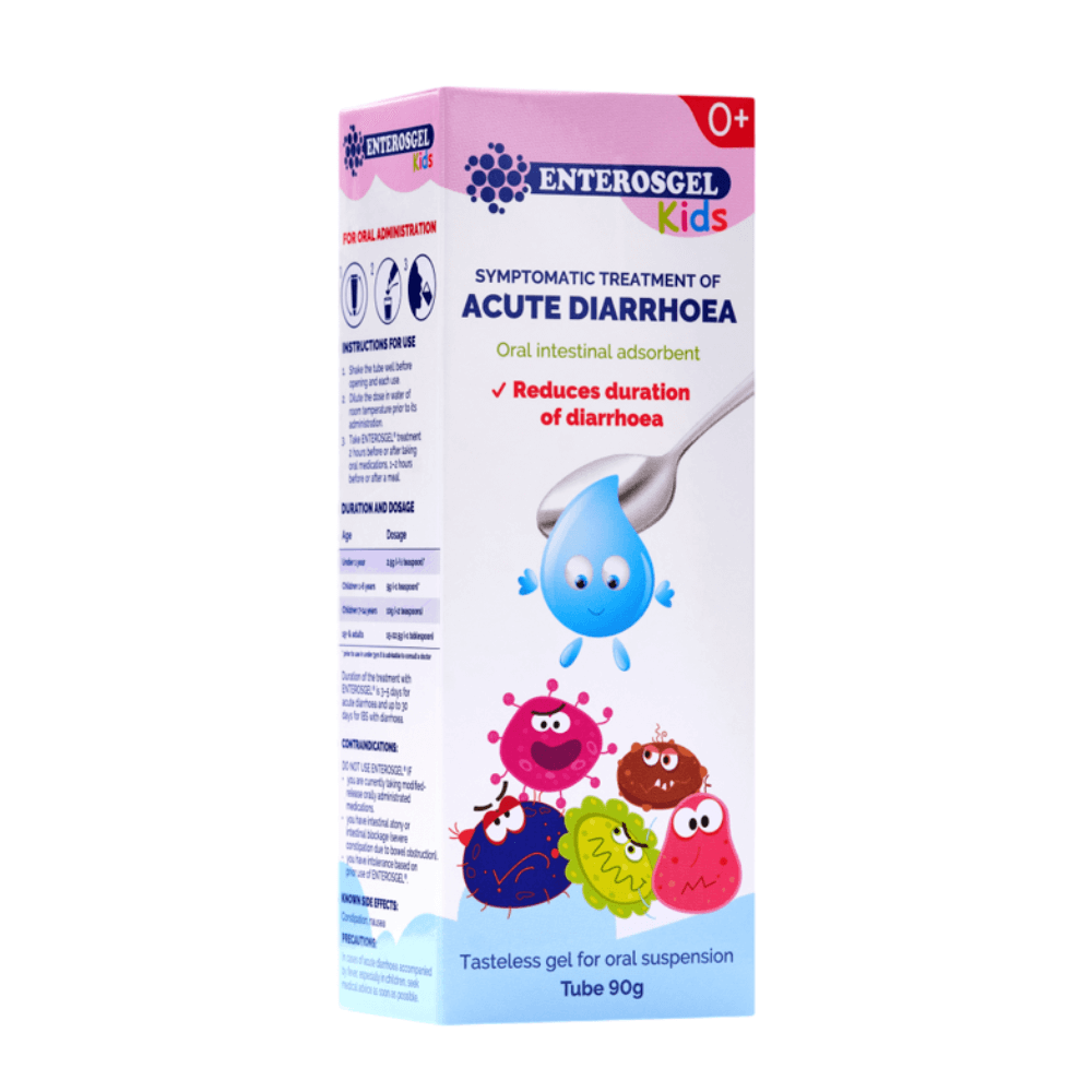 Enterosgel Kids packaging for symptomatic treatment of acute diarrhea on a white background