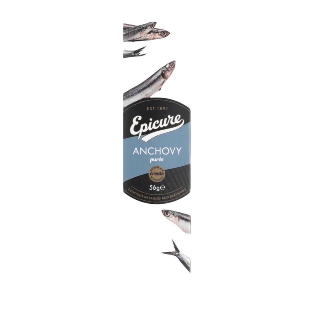 Epicure anchovy puree packaging with anchovies on a white background