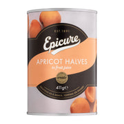 Can of Epicure apricot halves on a white background