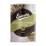 Can of Epicure Artichoke Hearts in salted water on a white background