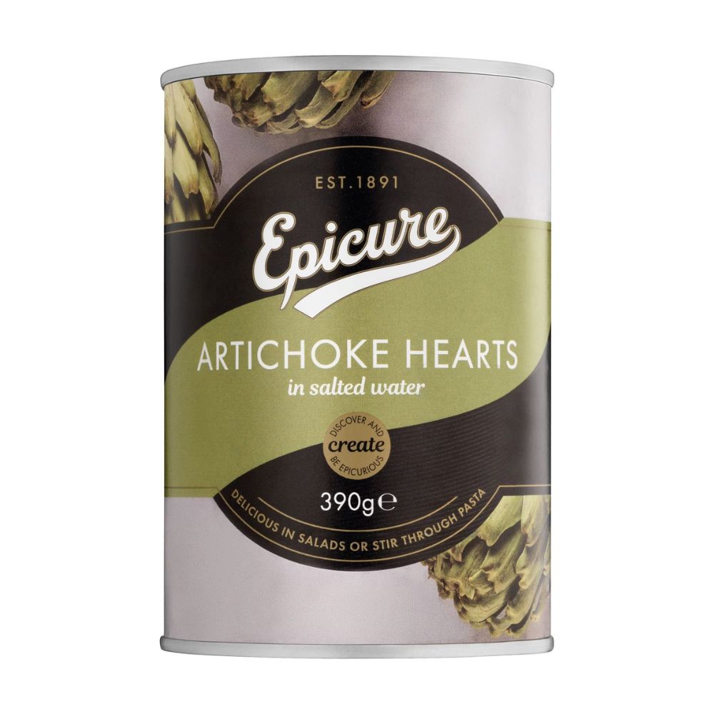 Can of Epicure Artichoke Hearts in salted water on a white background