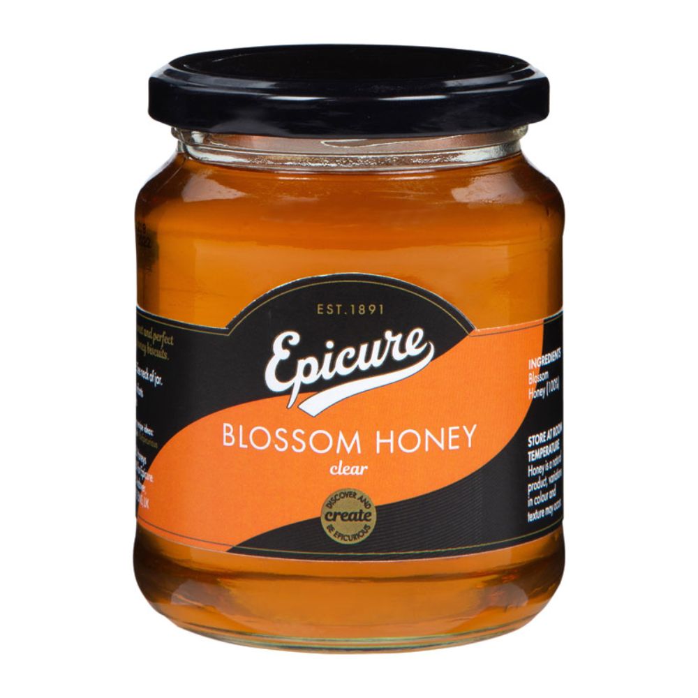 Jar of Epicure Blossom Honey on a white background