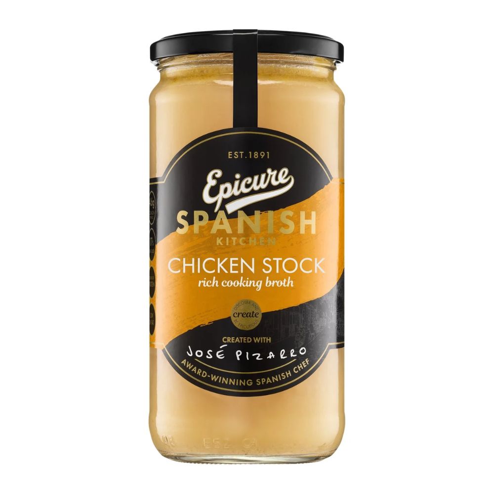Jar of Epicure Spanish Kitchen Chicken Stock on a white background