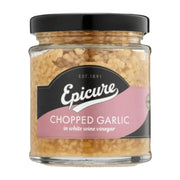 Jar of Epicure chopped garlic in white wine vinegar on a white background