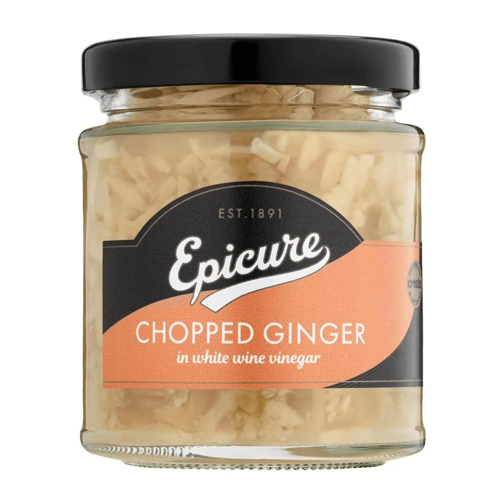 Jar of Epicure chopped ginger in white wine vinegar on a white background