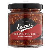 Jar of Epicure chopped red chilli with a black lid on a white background