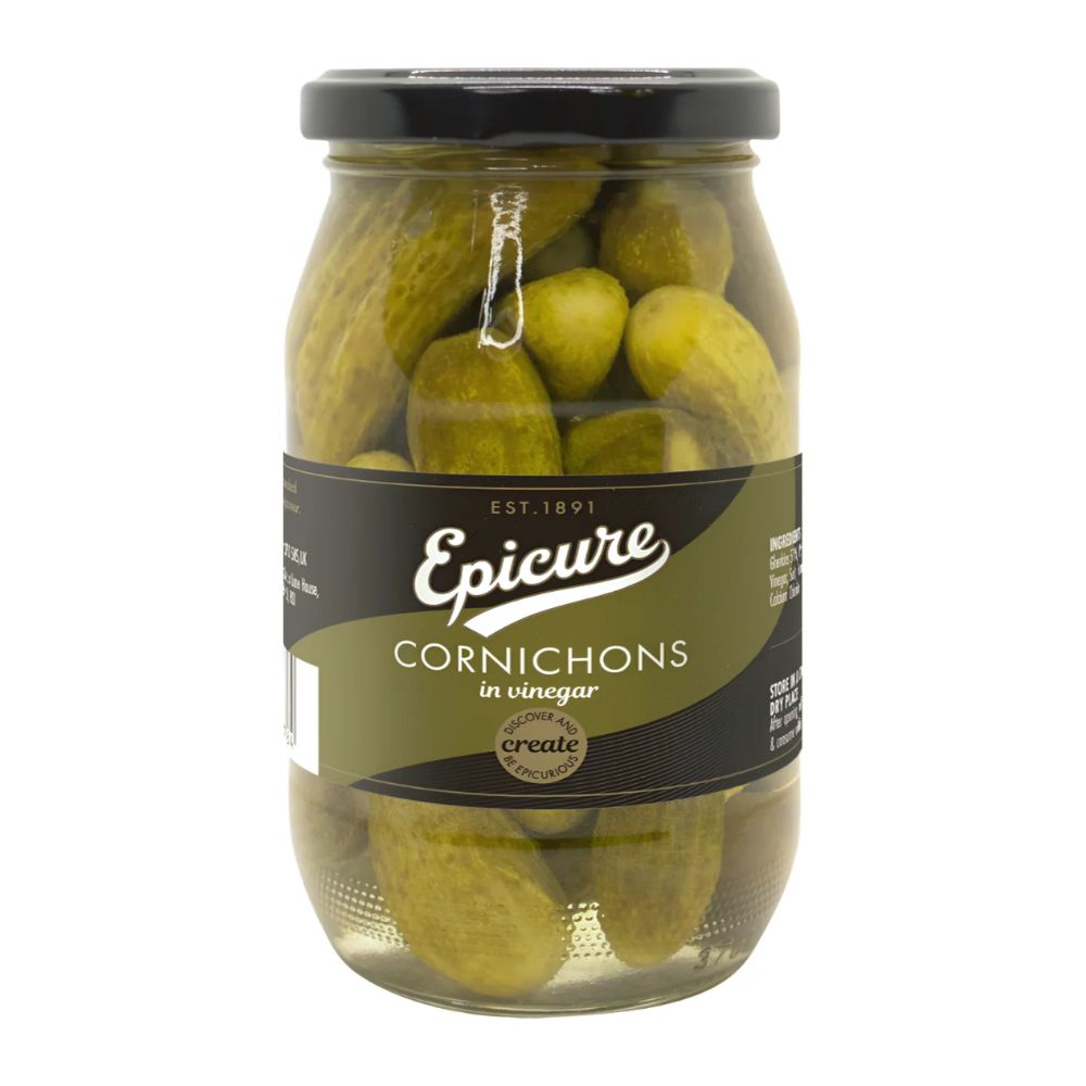 Jar of Epicure Cornichons in vinegar on a white background