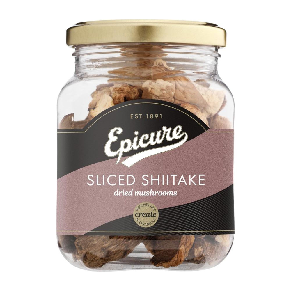 Jar of sliced shiitake dried mushrooms with a gold lid and Epicure label on a white background.