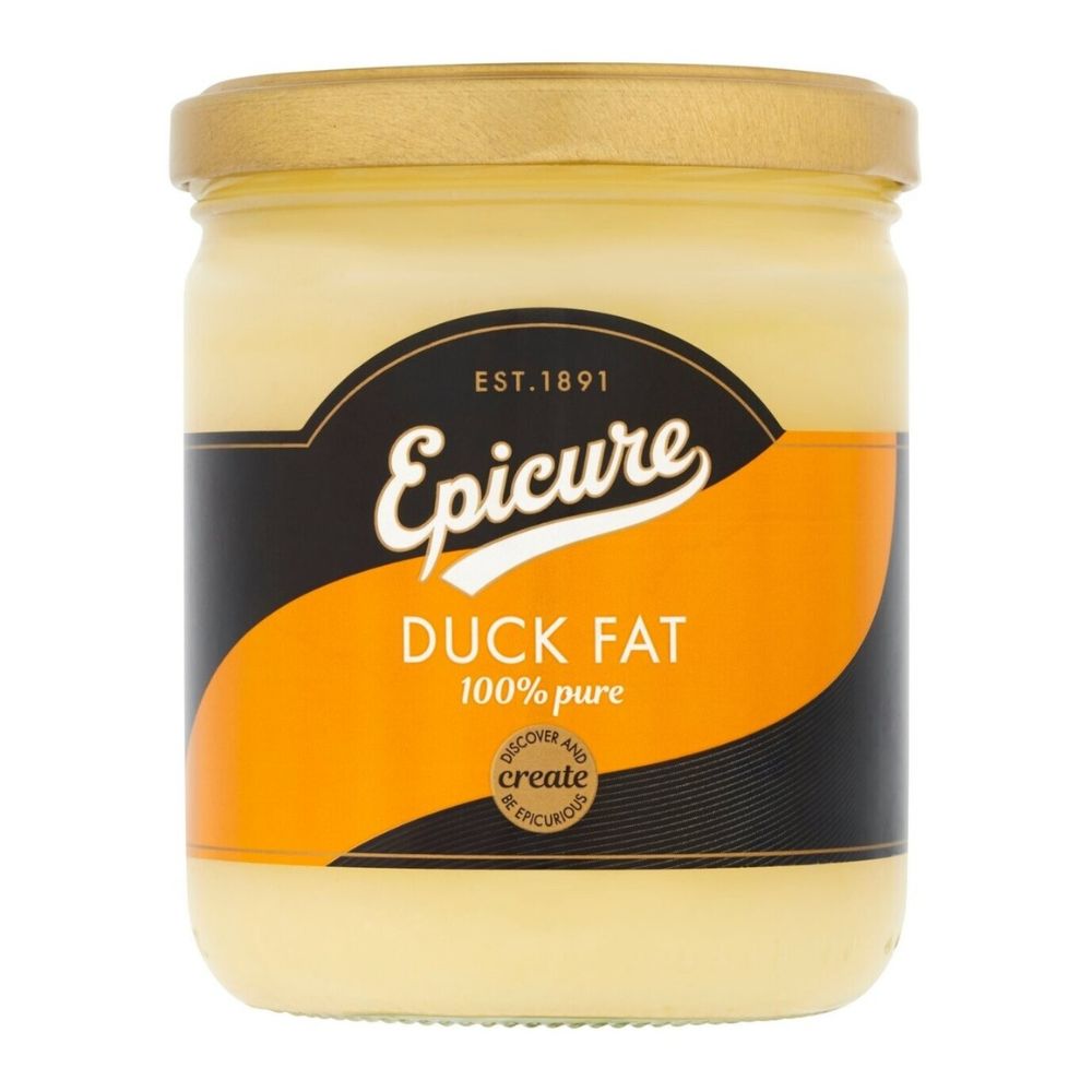 Jar of Epicure duck fat with a gold lid on a white background