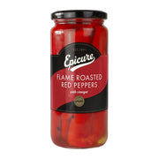 Jar of Epicure flame roasted red peppers with vinegar on a white background