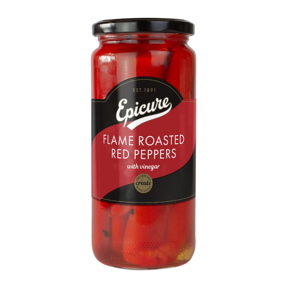 Jar of Epicure flame roasted red peppers with vinegar on a white background