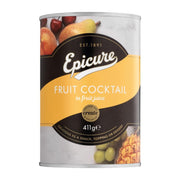 Can of Epicure Fruit Cocktail with fruit images on a white background
