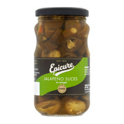 Jar of Epicure jalapeño slices on a white background