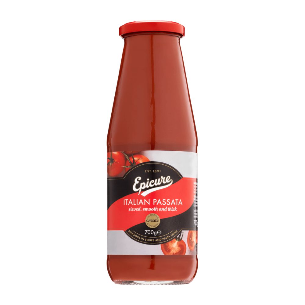 Bottle of Epicure Italian Passata on a white background