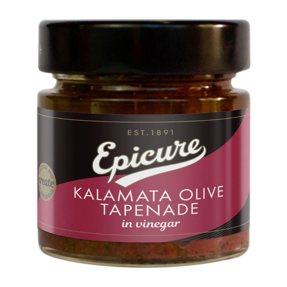 Jar of Epicure Kalamata Olive Tapenade on a white background