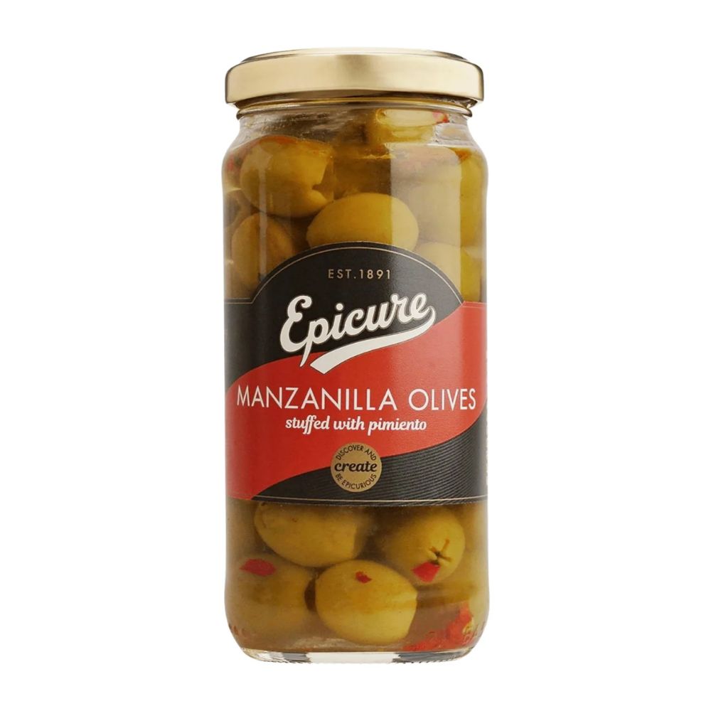 Jar of Epicure Manzanilla Olives on a white background