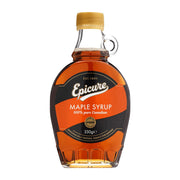 Bottle of Epicure maple syrup on a white background